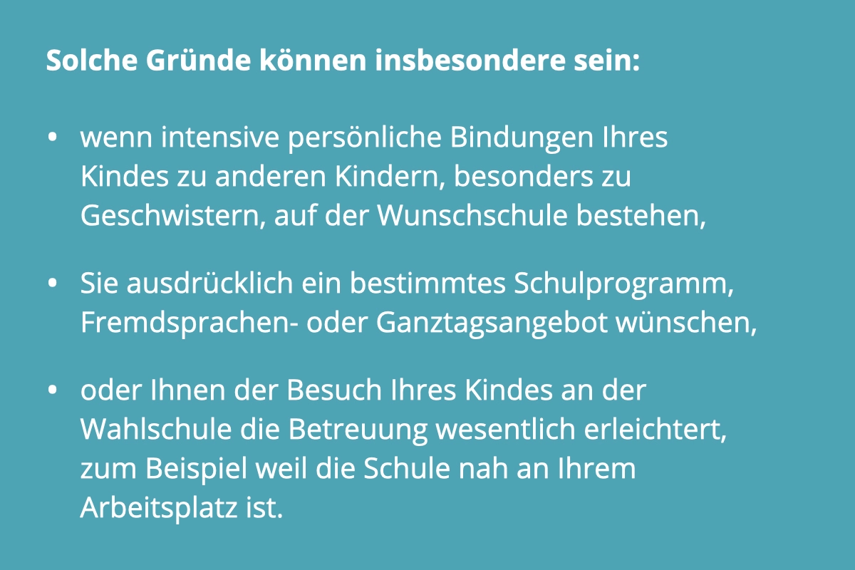 Gründe, warum ein Schulplatz abgelehnt werden kann (persönliche Gründe und besondere Bindung).